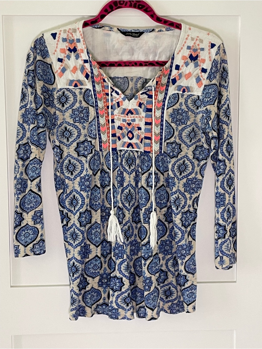 Lucky Brand Blue and Cream Medallion Tunic with Embroidered Accents